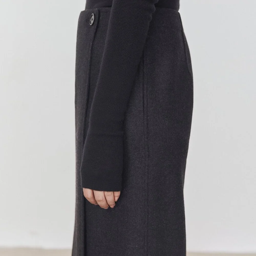 CHICJOC High-End 100% Wool Midi Wrap Skirt w/ Silk Waistband – Size 38 in grey